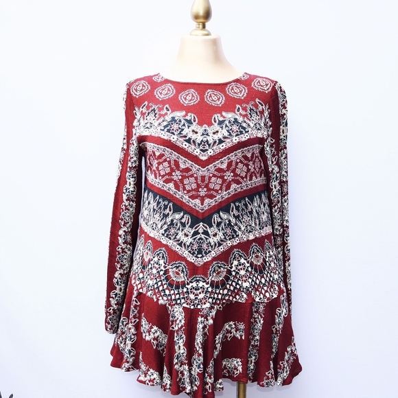 FREE PEOPLE Smooth Talker Tunic, Mini Boho Dress in Maroon, XS - Picture 1 of 8